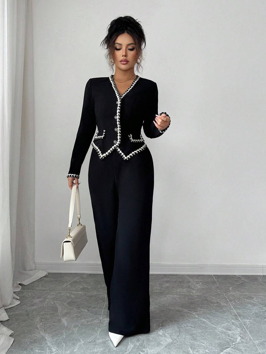 **Women’s Vintage V-Neck Button Blouse with Contrast Trim (2-Piece Set)**