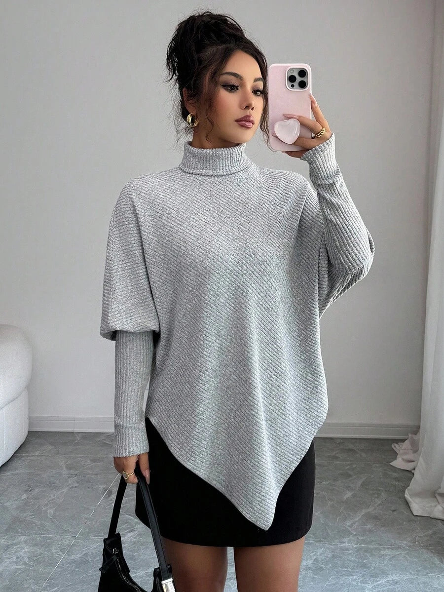 **Women’s Fuzzy Ribbed Asymmetrical Turtleneck Top**