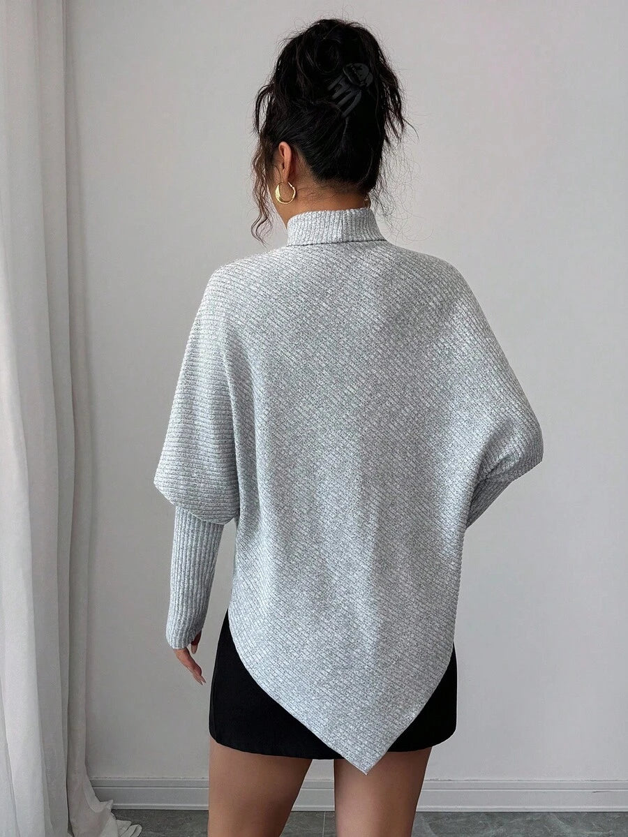 **Women’s Fuzzy Ribbed Asymmetrical Turtleneck Top**