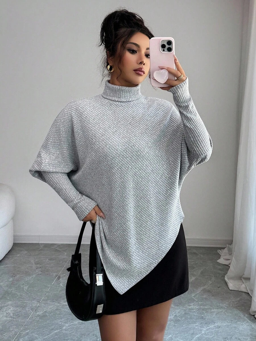 **Women’s Fuzzy Ribbed Asymmetrical Turtleneck Top**