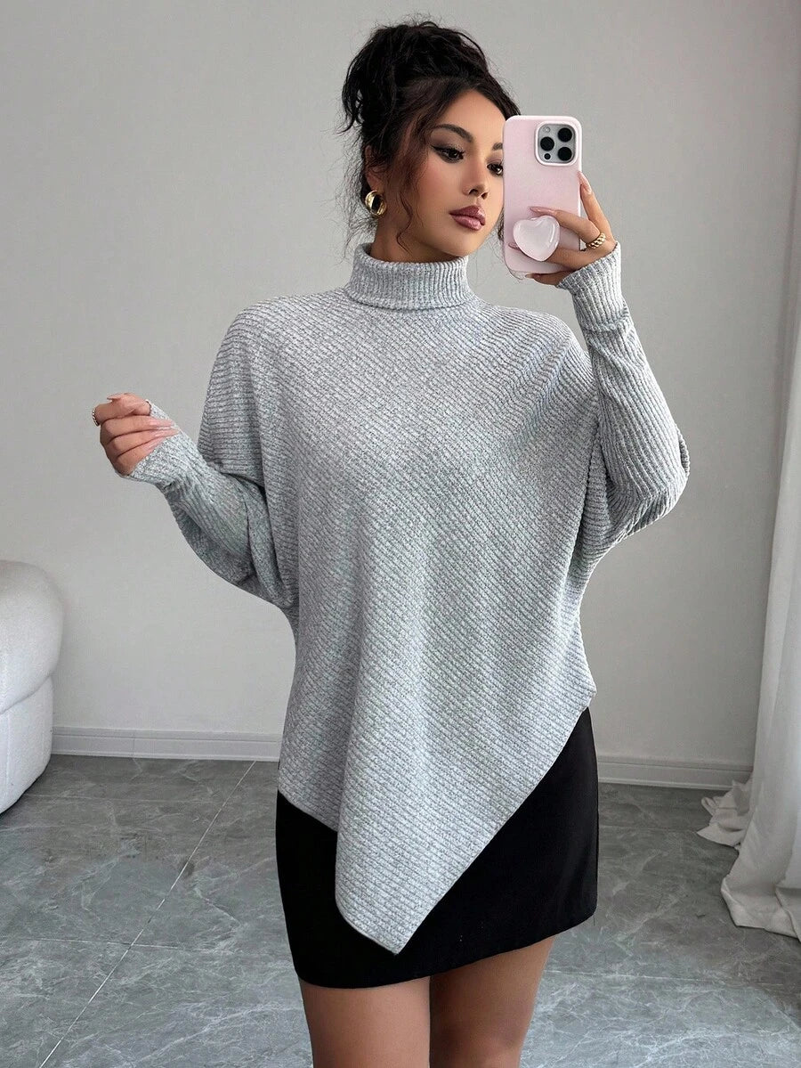 **Women’s Fuzzy Ribbed Asymmetrical Turtleneck Top**