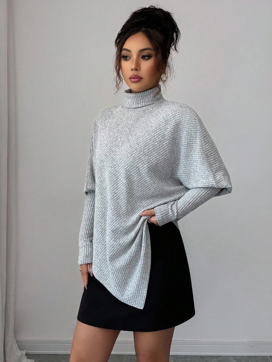 **Women’s Fuzzy Ribbed Asymmetrical Turtleneck Top**