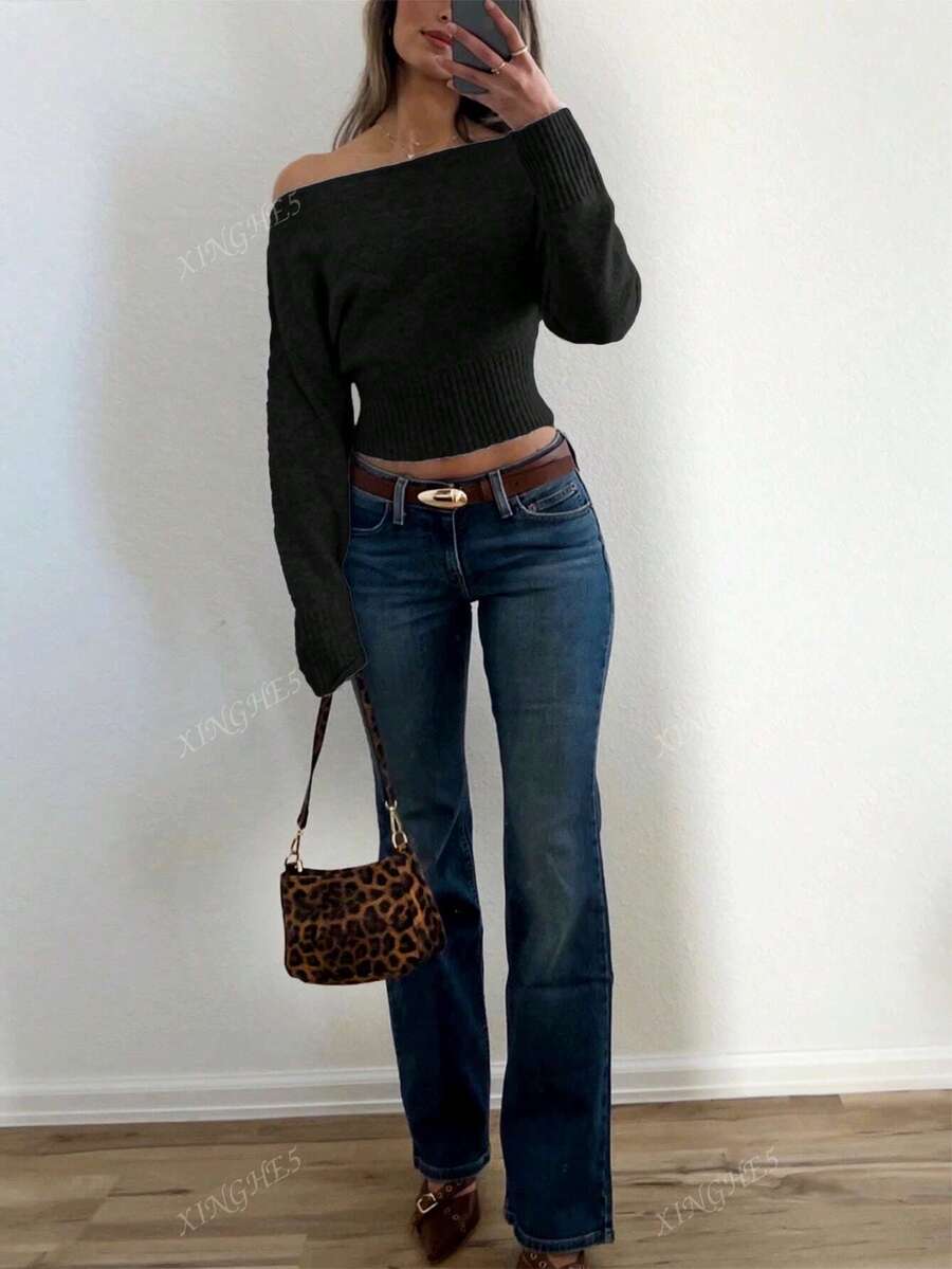Women's Asymmetric Neck Knit Sweater – Elegant & Casual (Autumn/Winter)