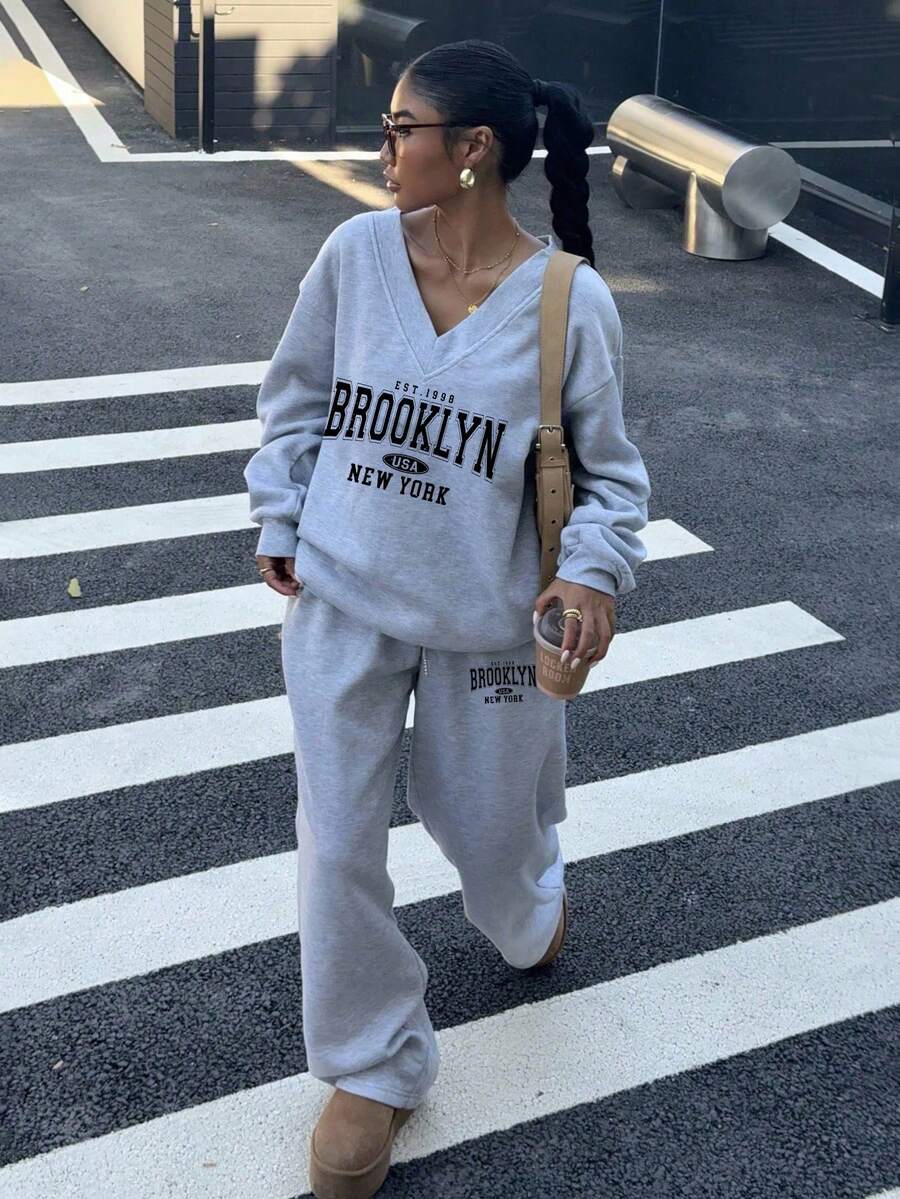 Women's 2-Piece Oversized Fleece Sweatshirt & Sweatpants Set – Navy (Autumn/Winter)