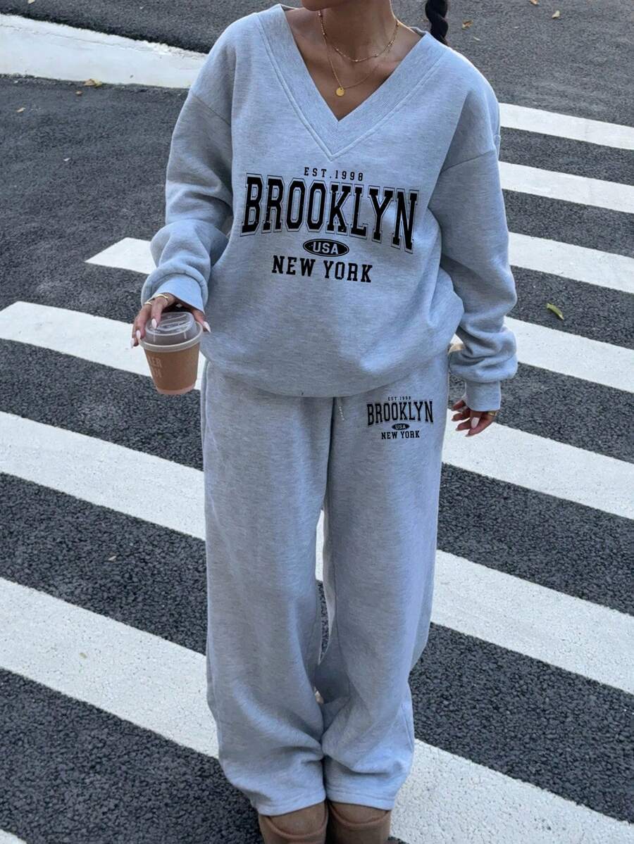Women's 2-Piece Oversized Fleece Sweatshirt & Sweatpants Set – Navy (Autumn/Winter)