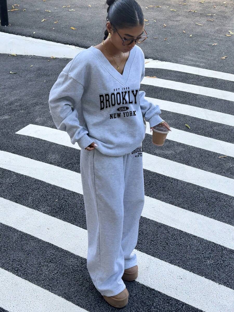 Women's 2-Piece Oversized Fleece Sweatshirt & Sweatpants Set – Navy (Autumn/Winter)