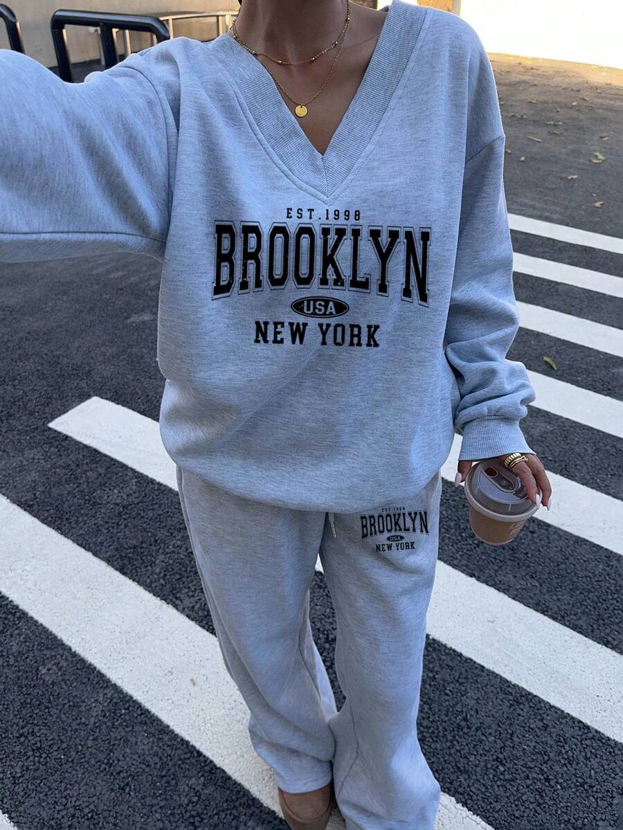 Women's 2-Piece Oversized Fleece Sweatshirt & Sweatpants Set – Navy (Autumn/Winter)