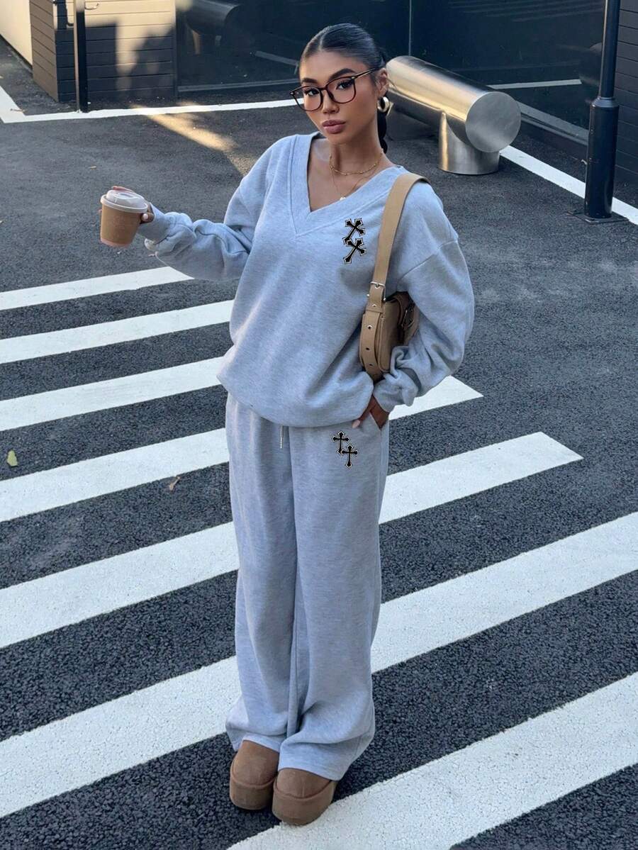 Women's 2-Piece Oversized Fleece Sweatshirt & Sweatpants Set – Navy (Autumn/Winter)