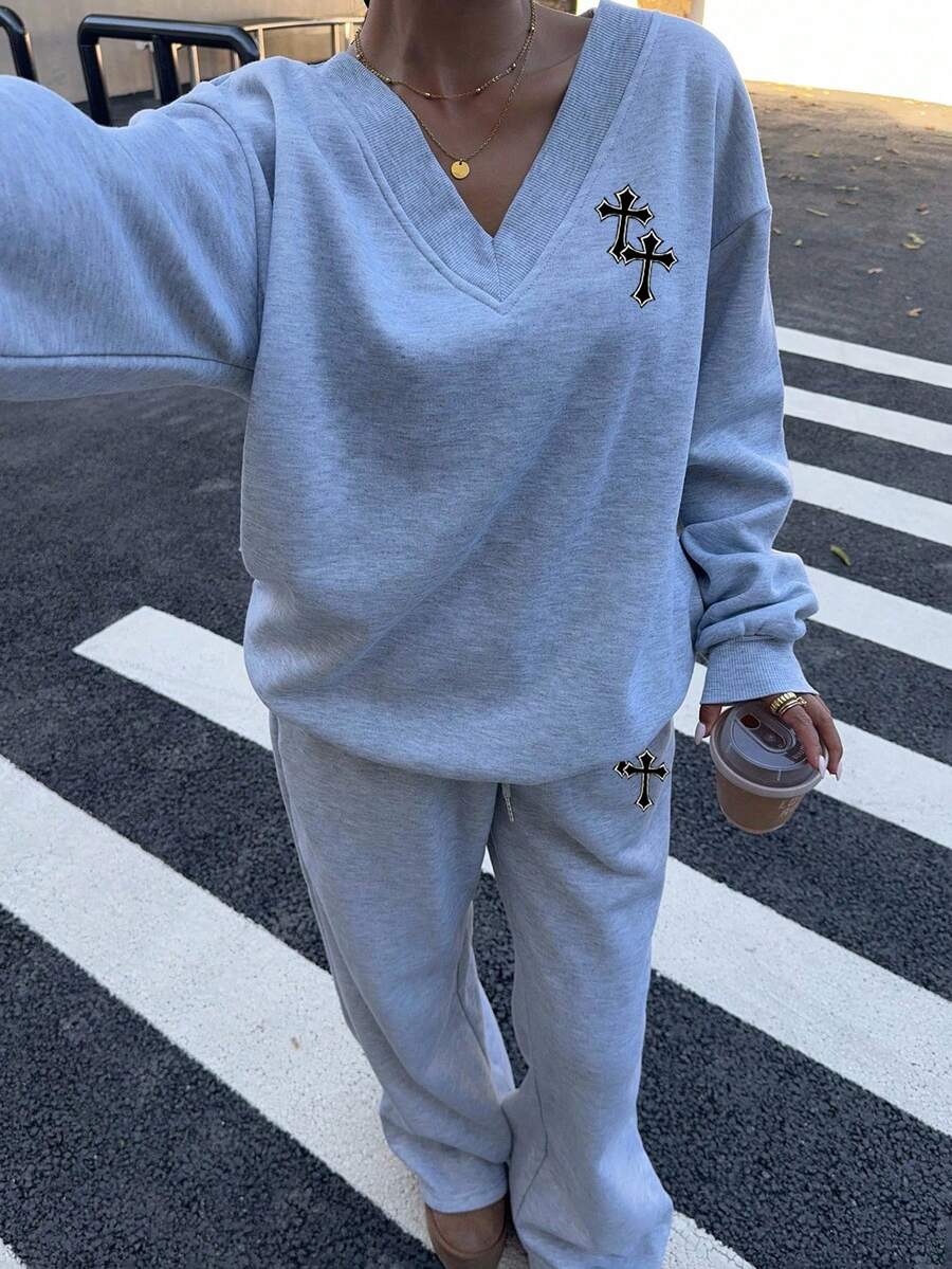 Women's 2-Piece Oversized Fleece Sweatshirt & Sweatpants Set – Navy (Autumn/Winter)