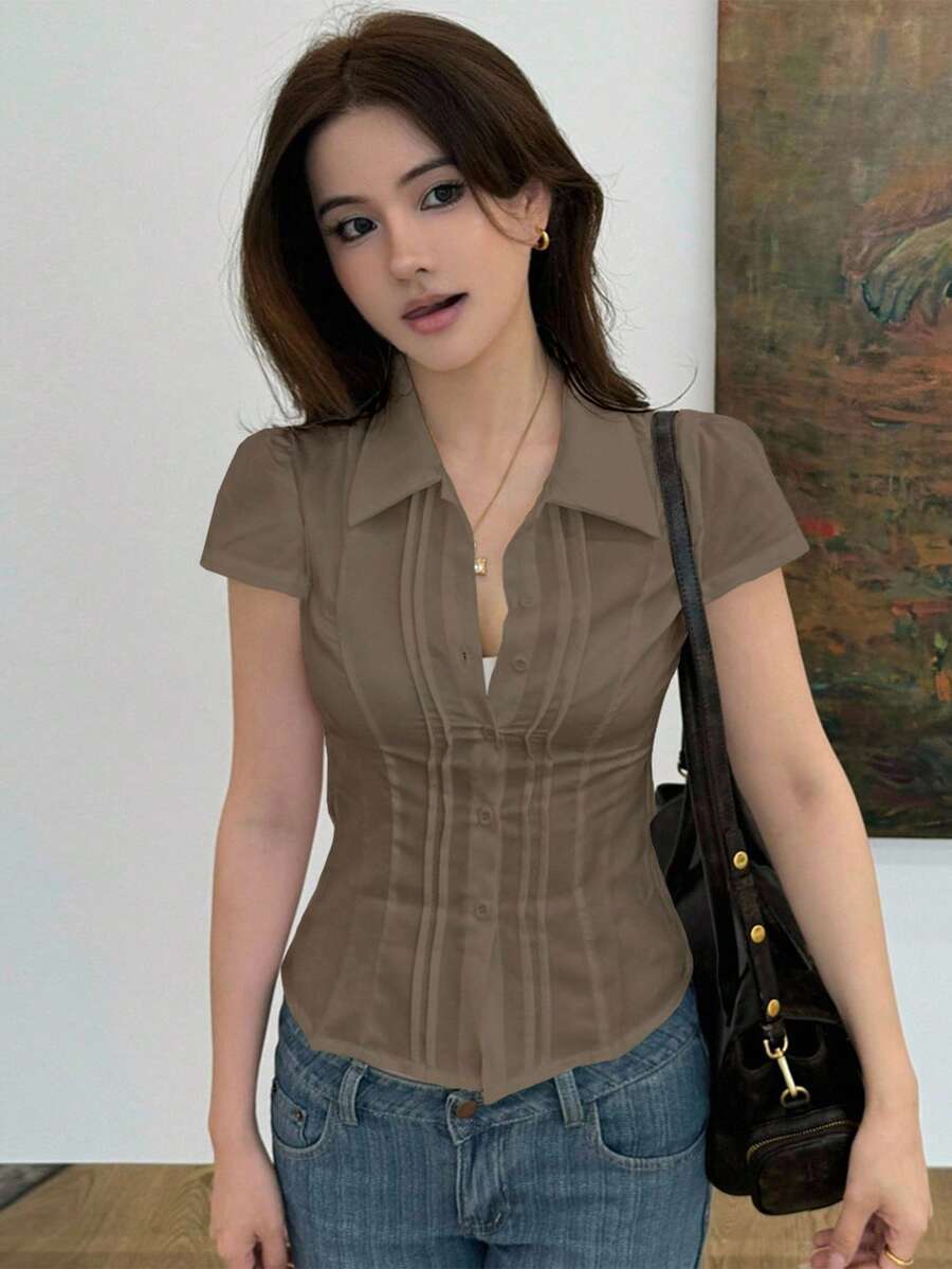 Women's Slim-Fit Collared Blouse – Short Sleeve, Solid Color