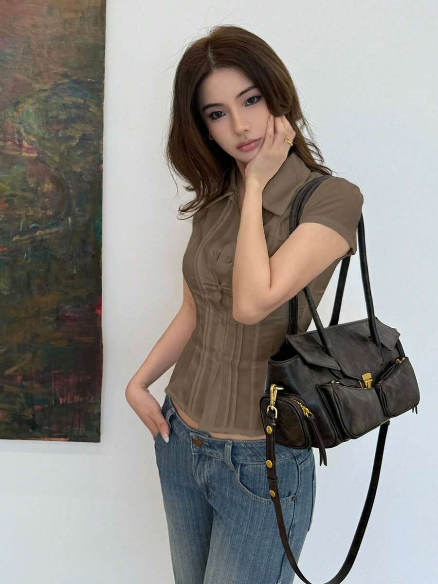 Women's Slim-Fit Collared Blouse – Short Sleeve, Solid Color