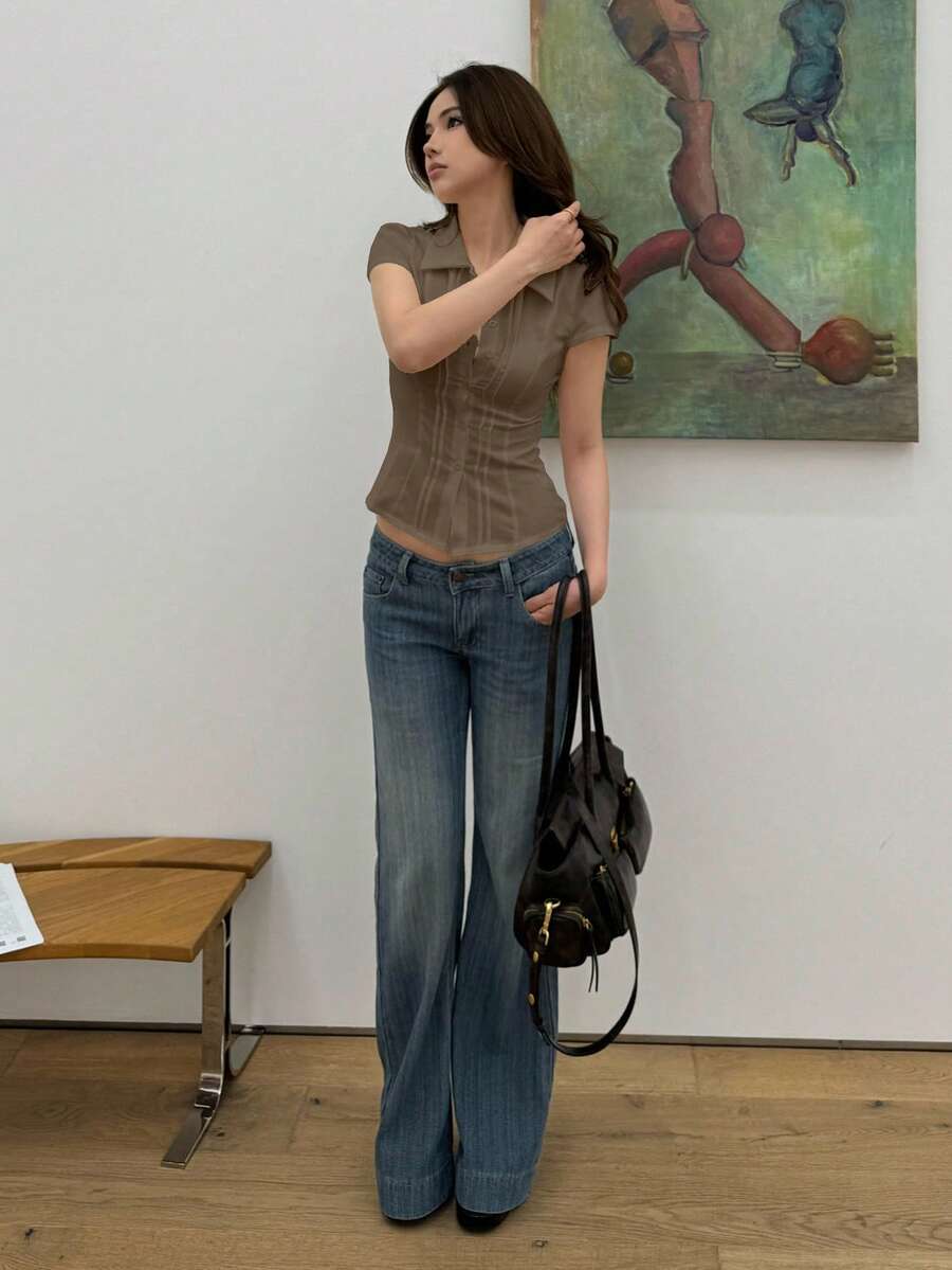 Women's Slim-Fit Collared Blouse – Short Sleeve, Solid Color