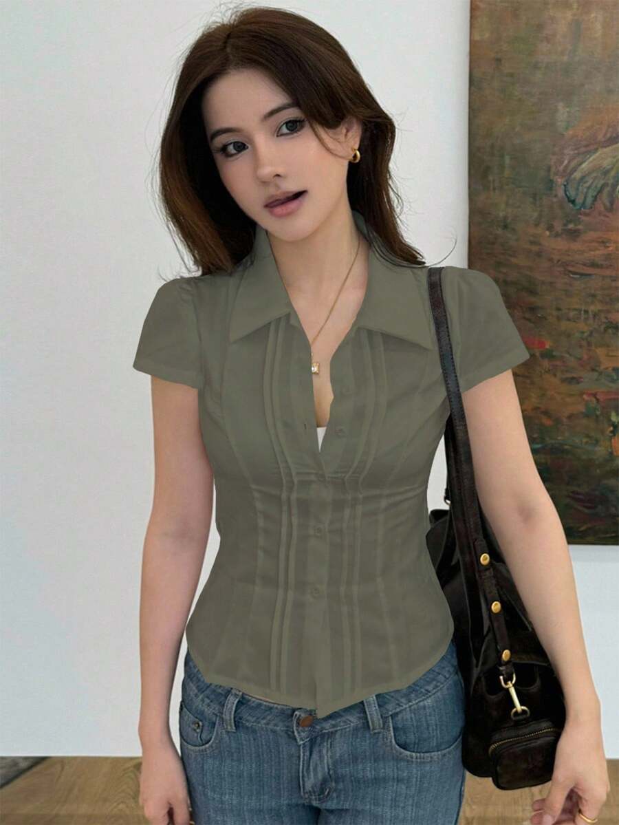 Women's Slim-Fit Collared Blouse – Short Sleeve, Solid Color