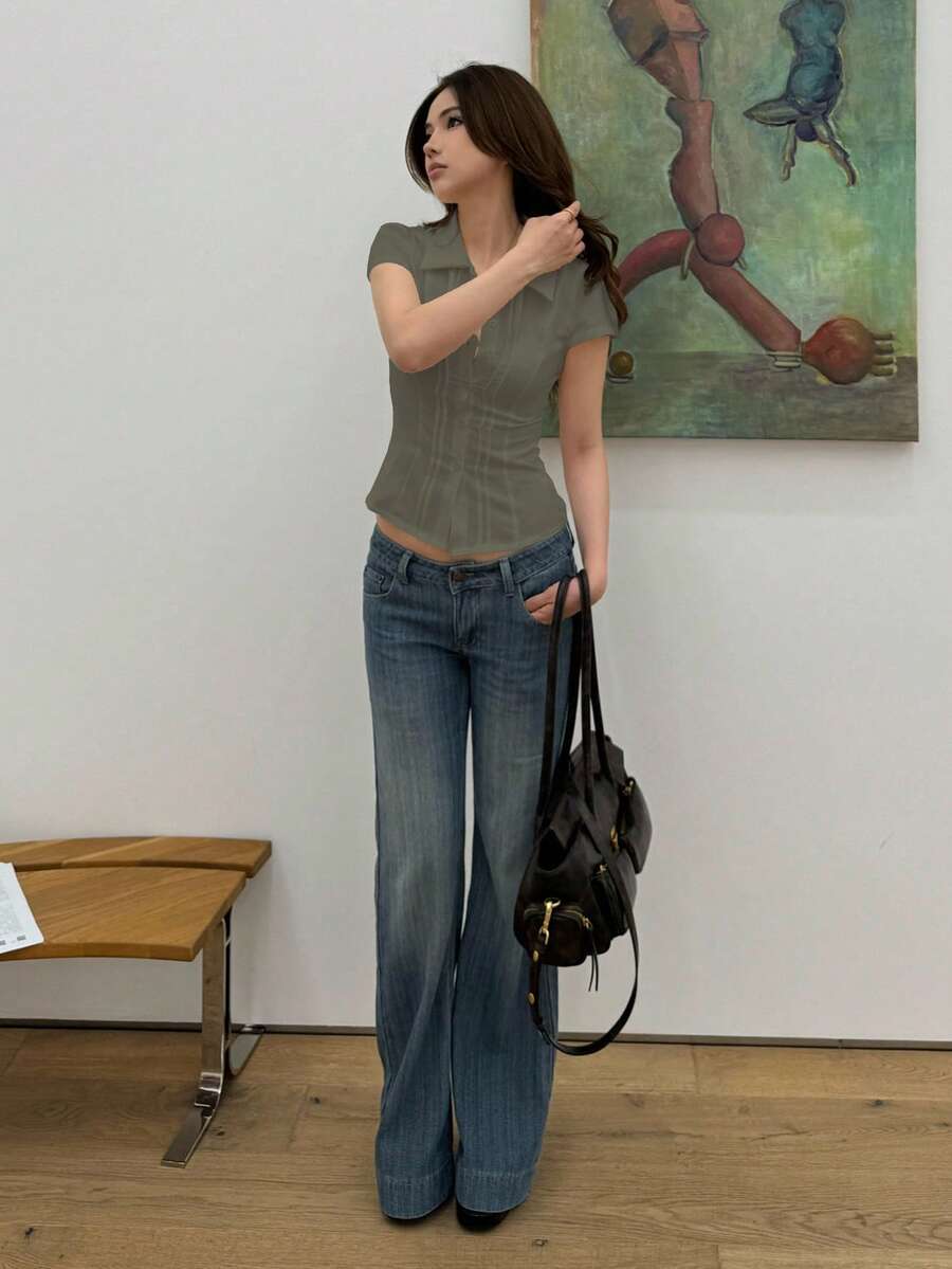 Women's Slim-Fit Collared Blouse – Short Sleeve, Solid Color