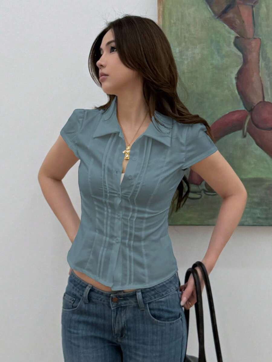 Women's Slim-Fit Collared Blouse – Short Sleeve, Solid Color