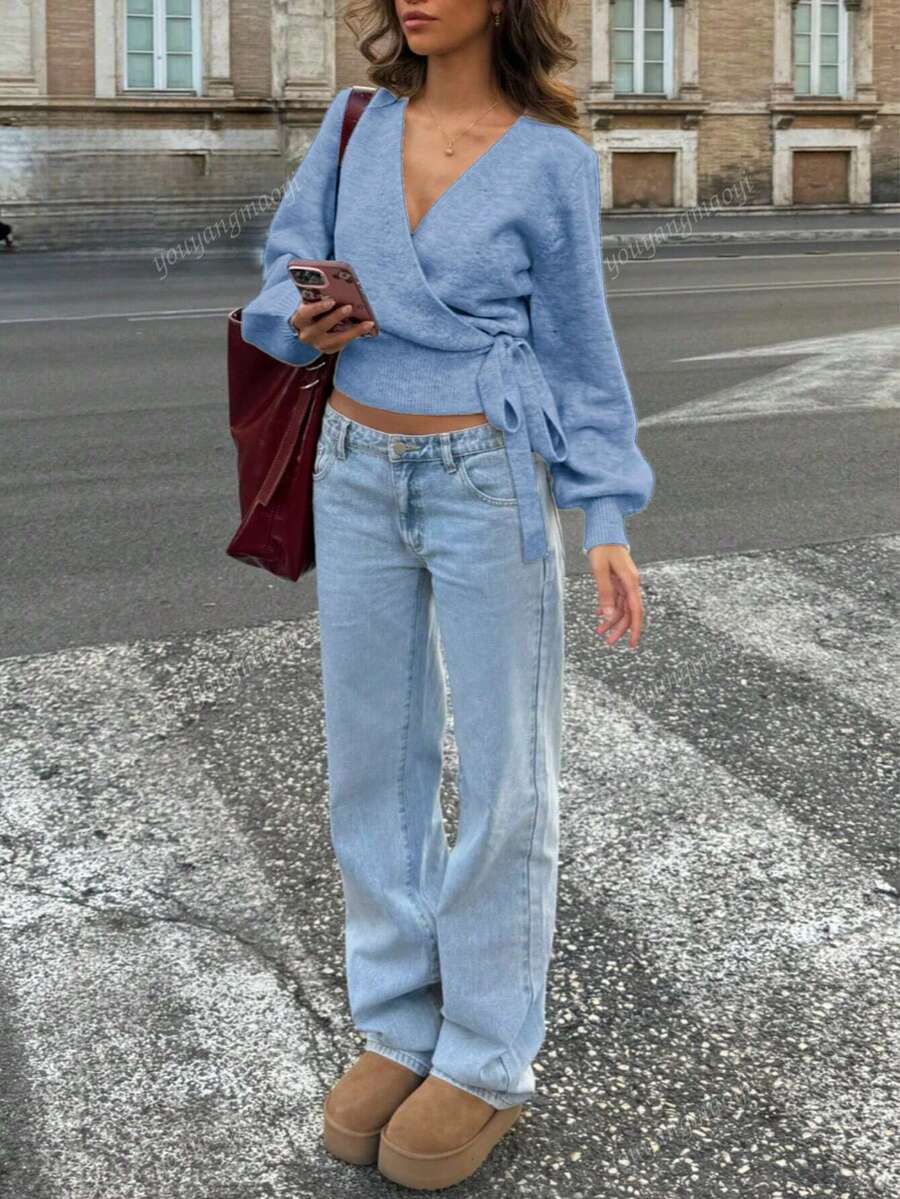 Women's Wrap Tie Knit Sweater – White (Autumn/Winter)