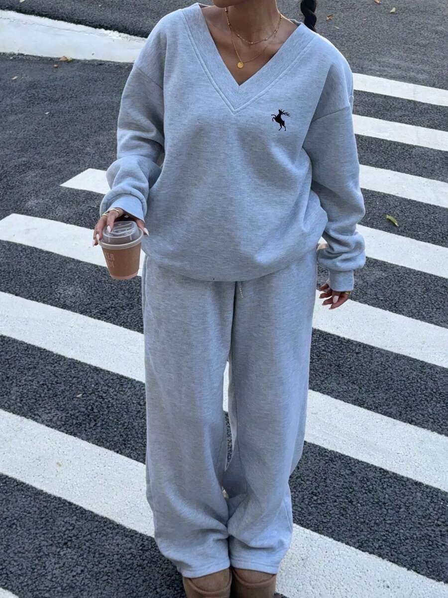 Women's 2-Piece Oversized Fleece Sweatshirt & Sweatpants Set – Navy (Autumn/Winter)