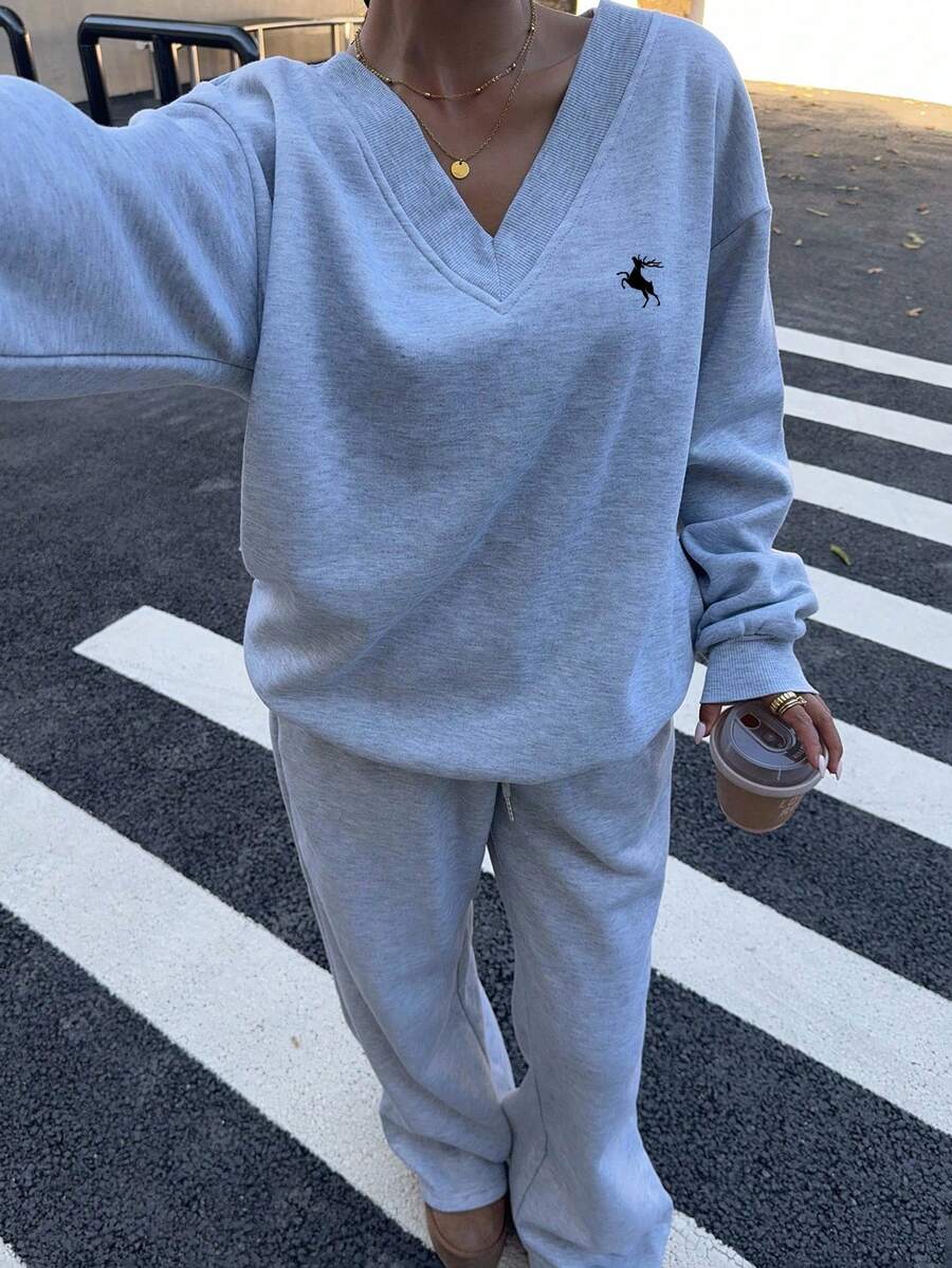 Women's 2-Piece Oversized Fleece Sweatshirt & Sweatpants Set – Navy (Autumn/Winter)