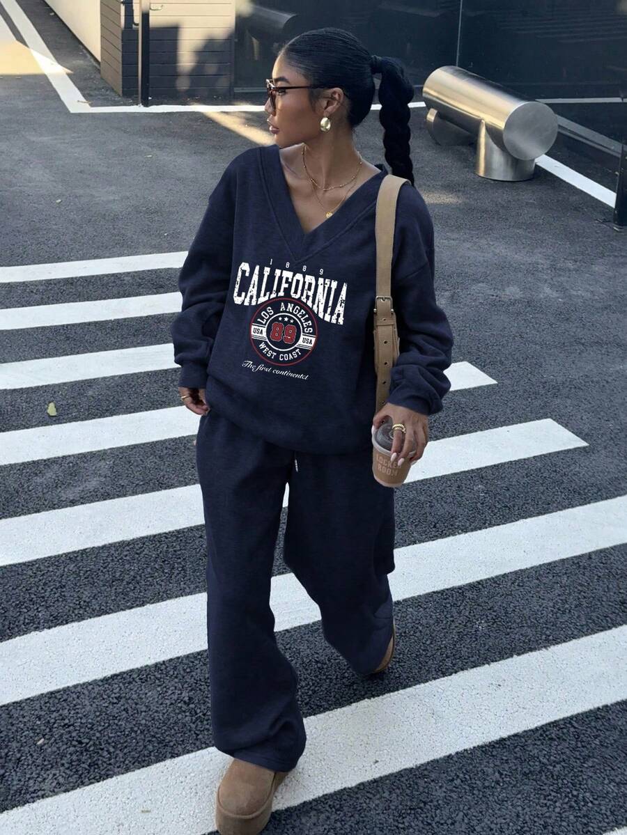 Women's 2-Piece Oversized Fleece Sweatshirt & Sweatpants Set – Navy (Autumn/Winter)