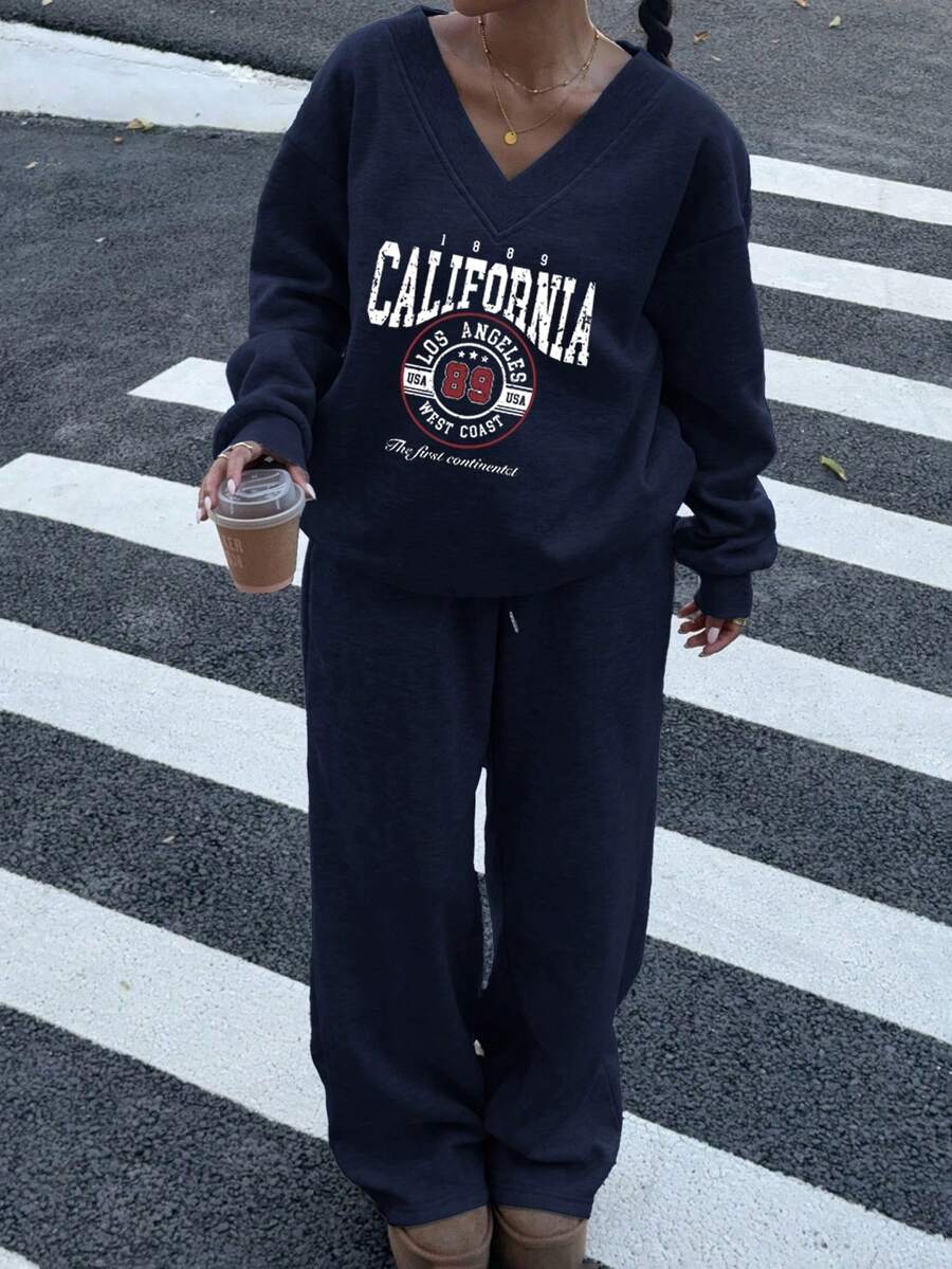 Women's 2-Piece Oversized Fleece Sweatshirt & Sweatpants Set – Navy (Autumn/Winter)