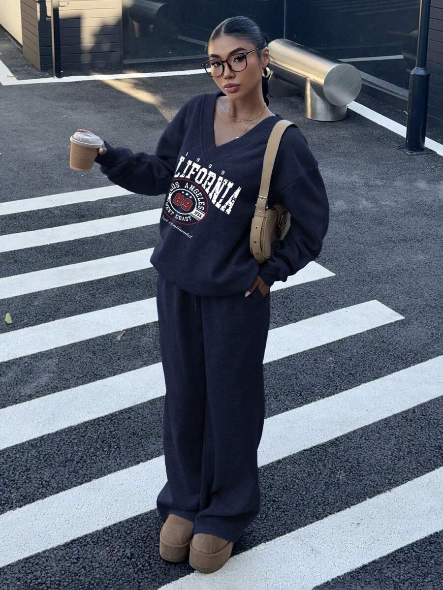 Women's 2-Piece Oversized Fleece Sweatshirt & Sweatpants Set – Navy (Autumn/Winter)