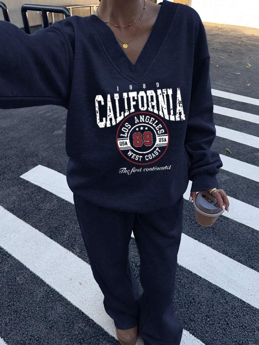Women's 2-Piece Oversized Fleece Sweatshirt & Sweatpants Set – Navy (Autumn/Winter)