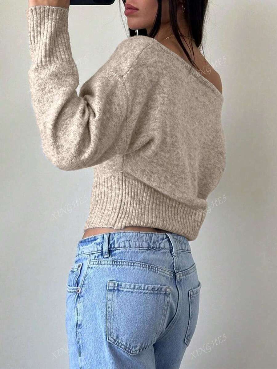 Women's Asymmetric Neck Knit Sweater – Elegant & Casual (Autumn/Winter)