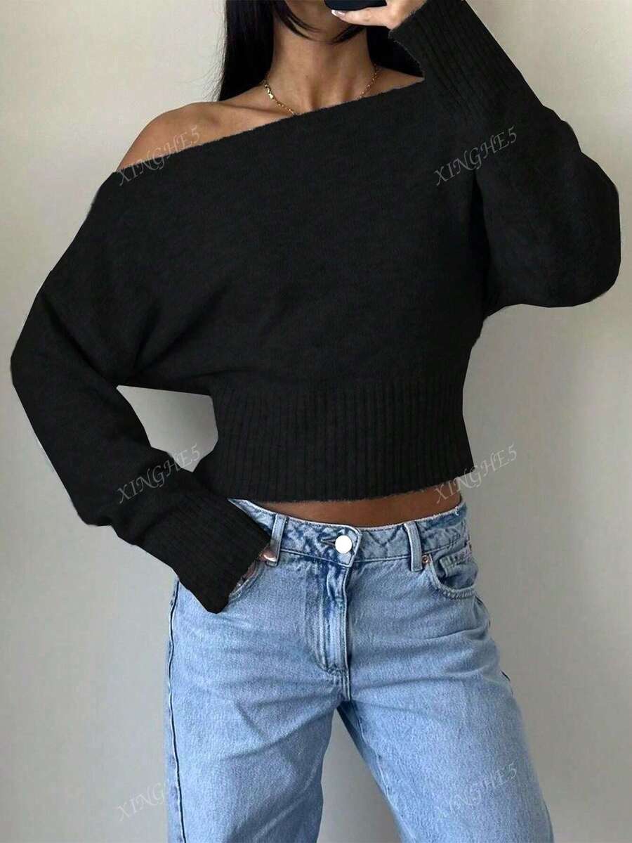 Women's Asymmetric Neck Knit Sweater – Elegant & Casual (Autumn/Winter)