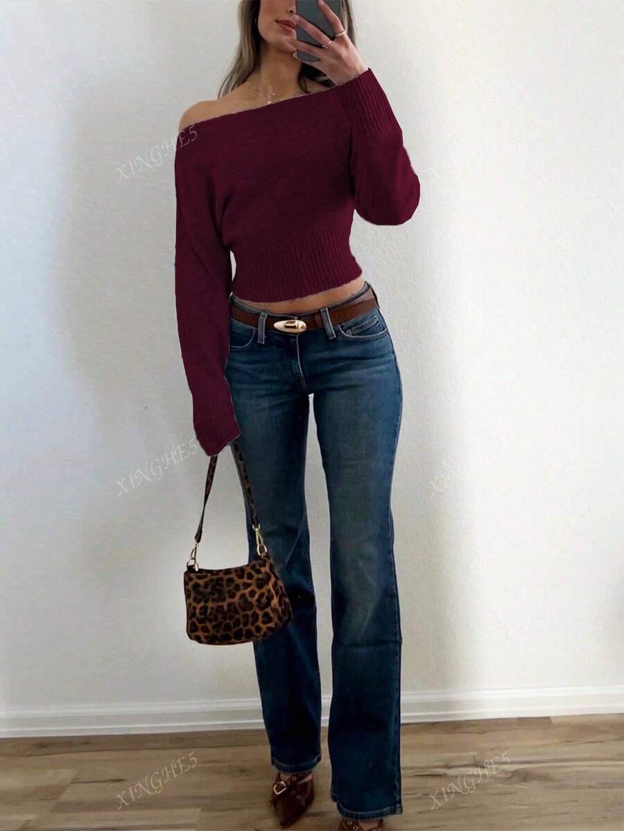Women's Asymmetric Neck Knit Sweater – Elegant & Casual (Autumn/Winter)