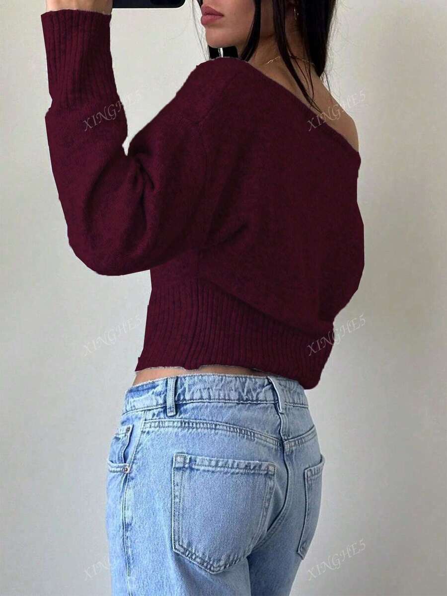 Women's Asymmetric Neck Knit Sweater – Elegant & Casual (Autumn/Winter)