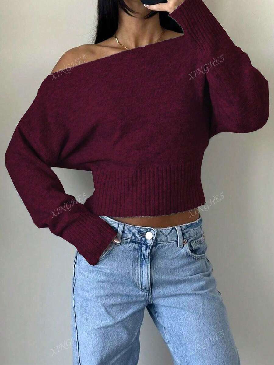 Women's Asymmetric Neck Knit Sweater – Elegant & Casual (Autumn/Winter)