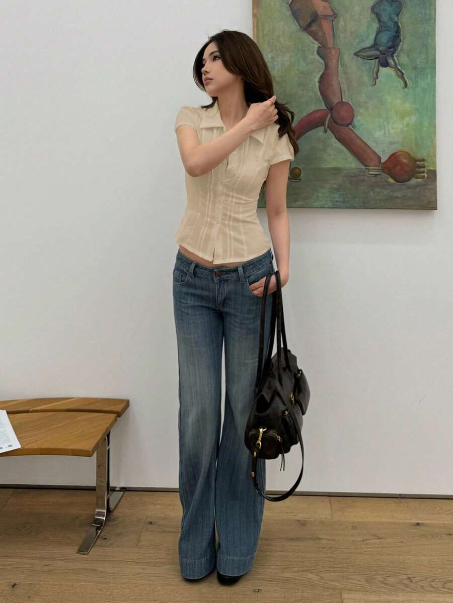 Women's Slim-Fit Collared Blouse – Short Sleeve, Solid Color