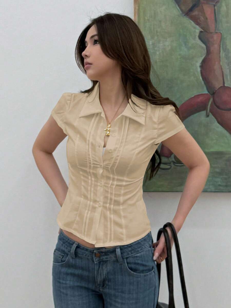 Women's Slim-Fit Collared Blouse – Short Sleeve, Solid Color