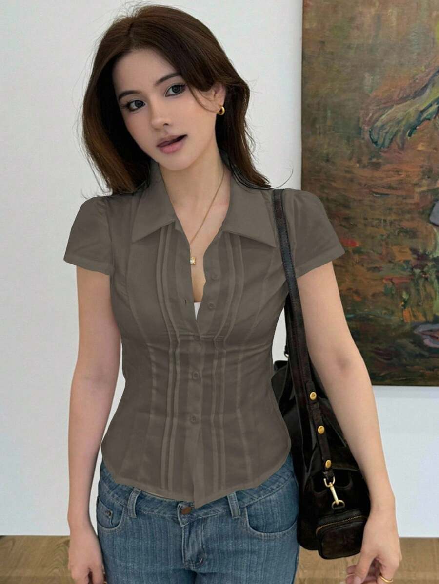 Women's Slim-Fit Collared Blouse – Short Sleeve, Solid Color