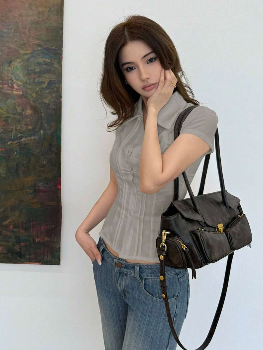 Women's Slim-Fit Collared Blouse – Short Sleeve, Solid Color