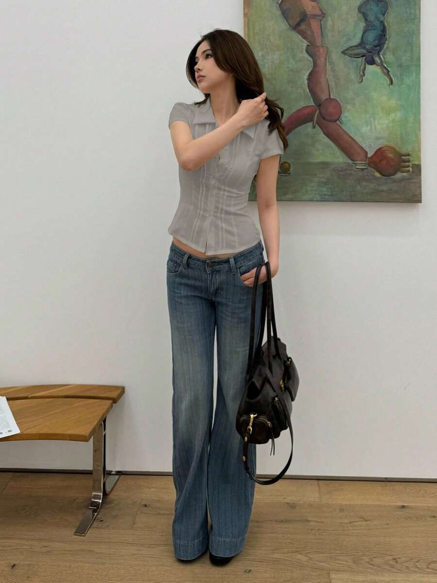 Women's Slim-Fit Collared Blouse – Short Sleeve, Solid Color