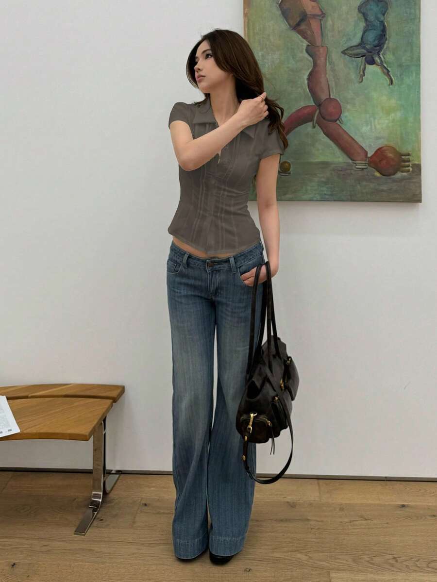 Women's Slim-Fit Collared Blouse – Short Sleeve, Solid Color