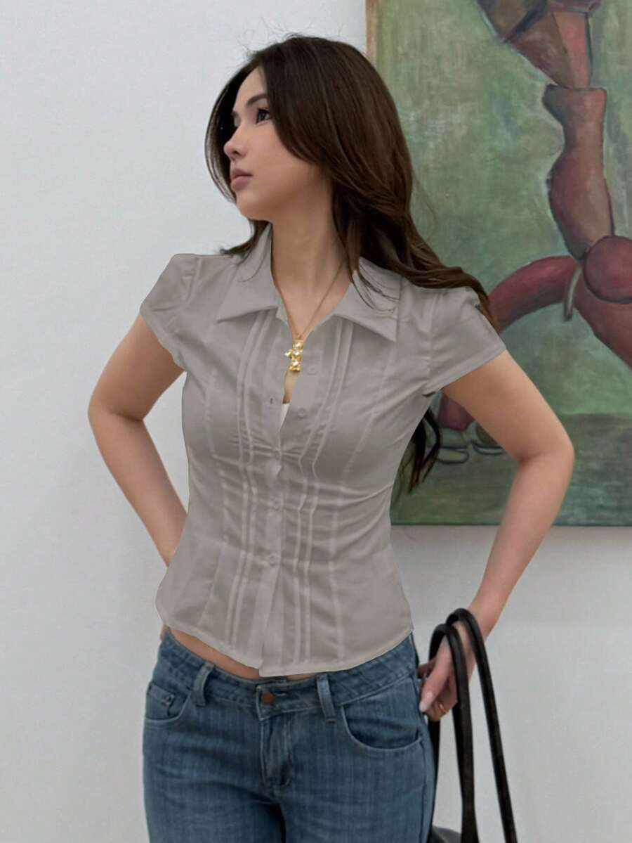 Women's Slim-Fit Collared Blouse – Short Sleeve, Solid Color