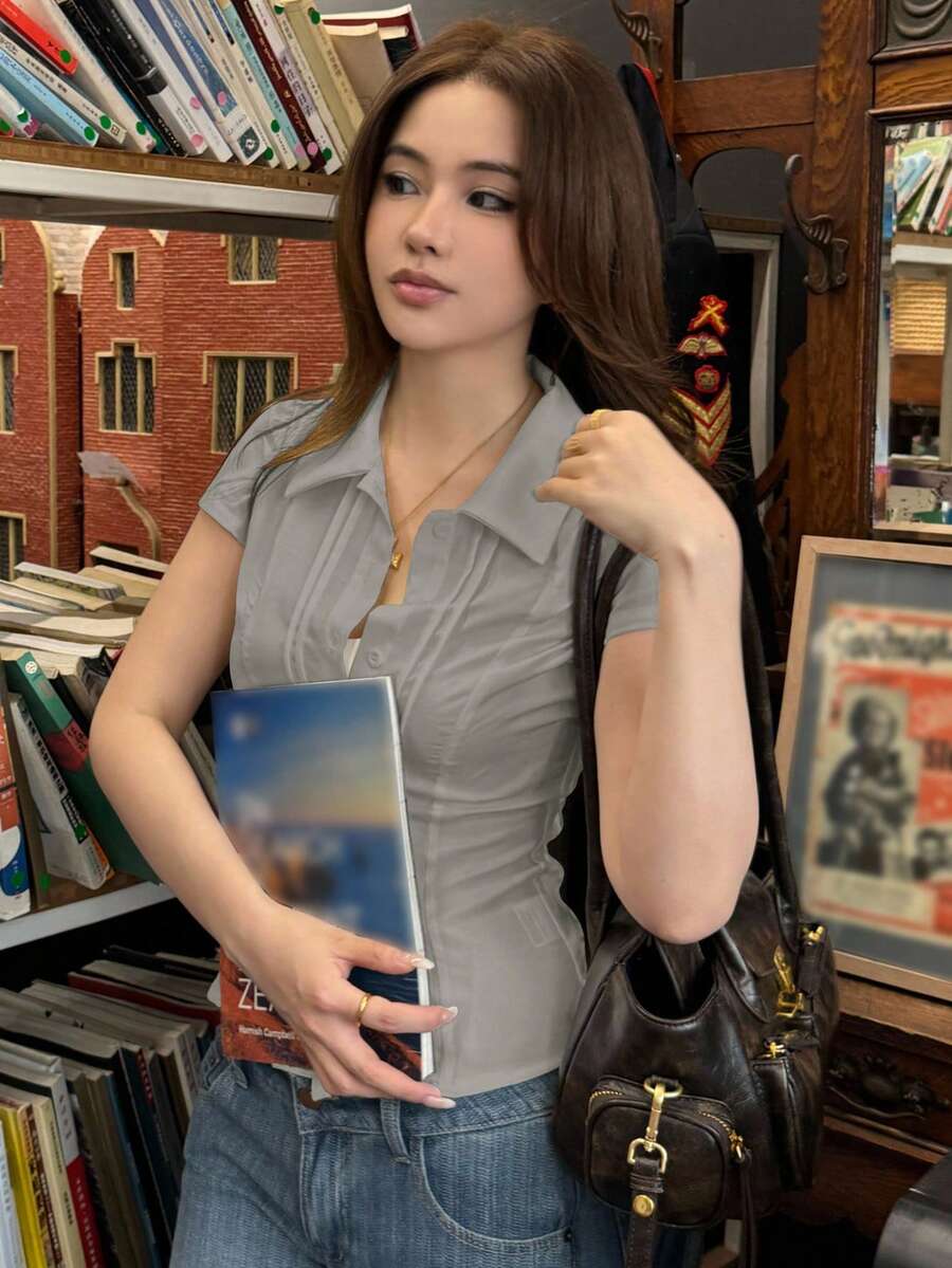 Women's Slim-Fit Collared Blouse – Short Sleeve, Solid Color