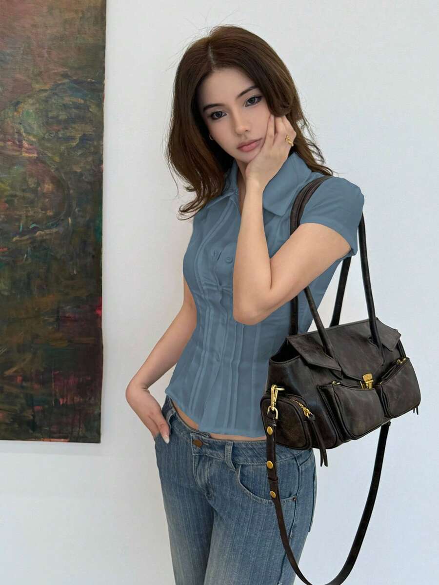 Women's Slim-Fit Collared Blouse – Short Sleeve, Solid Color