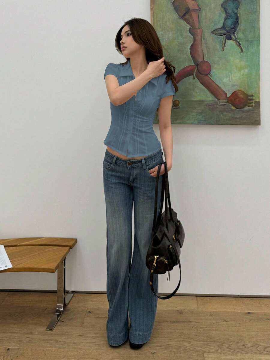 Women's Slim-Fit Collared Blouse – Short Sleeve, Solid Color