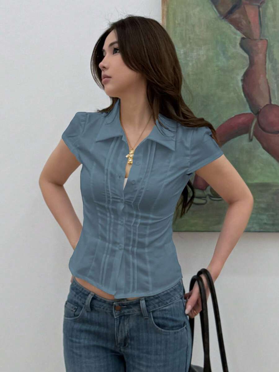 Women's Slim-Fit Collared Blouse – Short Sleeve, Solid Color