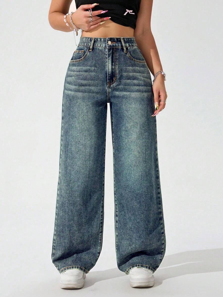 Women's Retro Washed Straight-Leg Jeans – Mid-Waist