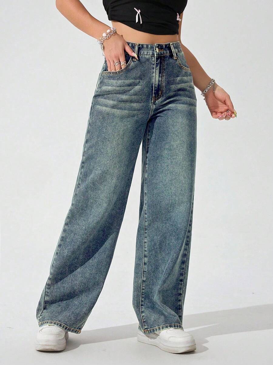 Women's Retro Washed Straight-Leg Jeans – Mid-Waist