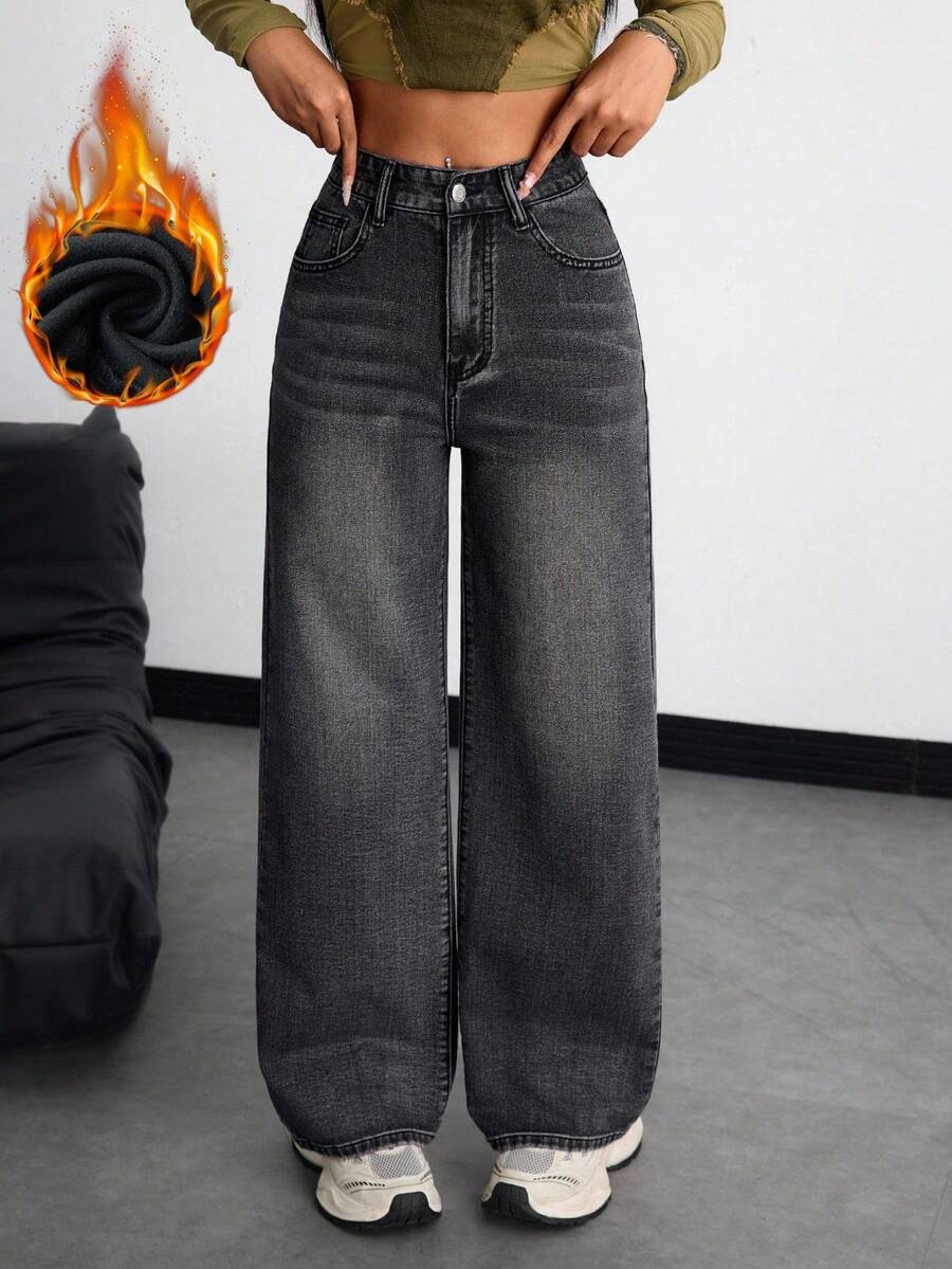 Women's Retro Washed Straight-Leg Jeans – Mid-Waist
