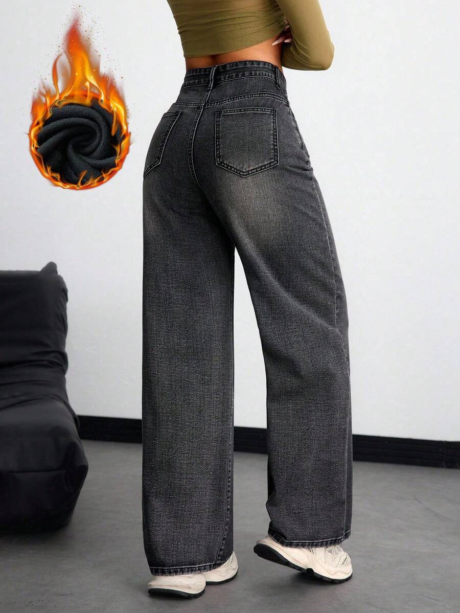 Women's Retro Washed Straight-Leg Jeans – Mid-Waist
