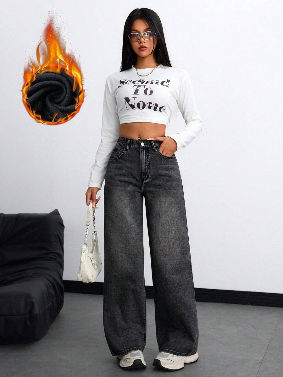 Women's Retro Washed Straight-Leg Jeans – Mid-Waist