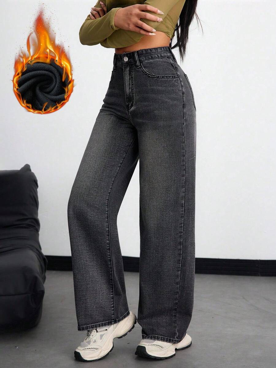 Women's Retro Washed Straight-Leg Jeans – Mid-Waist