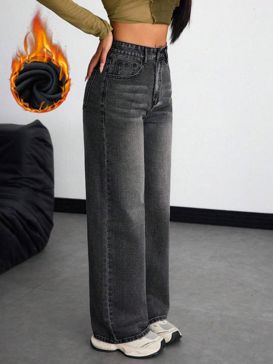Women's Retro Washed Straight-Leg Jeans – Mid-Waist