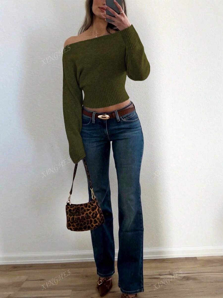 Women's Asymmetric Neck Knit Sweater – Elegant & Casual (Autumn/Winter)